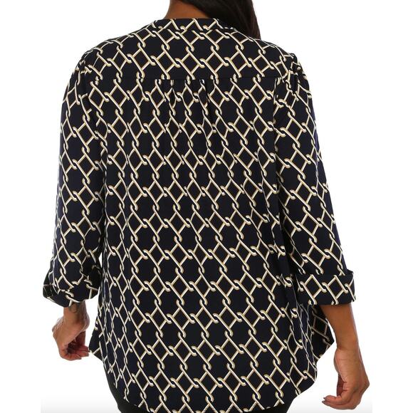 Cocomo Split Neck Chain Link Print Popover Blouse Size 2X 3/4 Roll Tab Sleeve - Picture 2 of 12